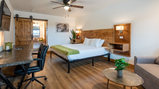 A compact room with a bed, a desk, a chair, a ceiling fan, a small table with a plant, and a wooden cabinet. - Springs Lodge & Cafe (Hot Springs)