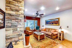 Televisión, chimenea, reproductor de DVD, videoteca