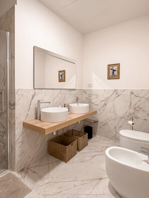 Shower, hair dryer, bidet, towels