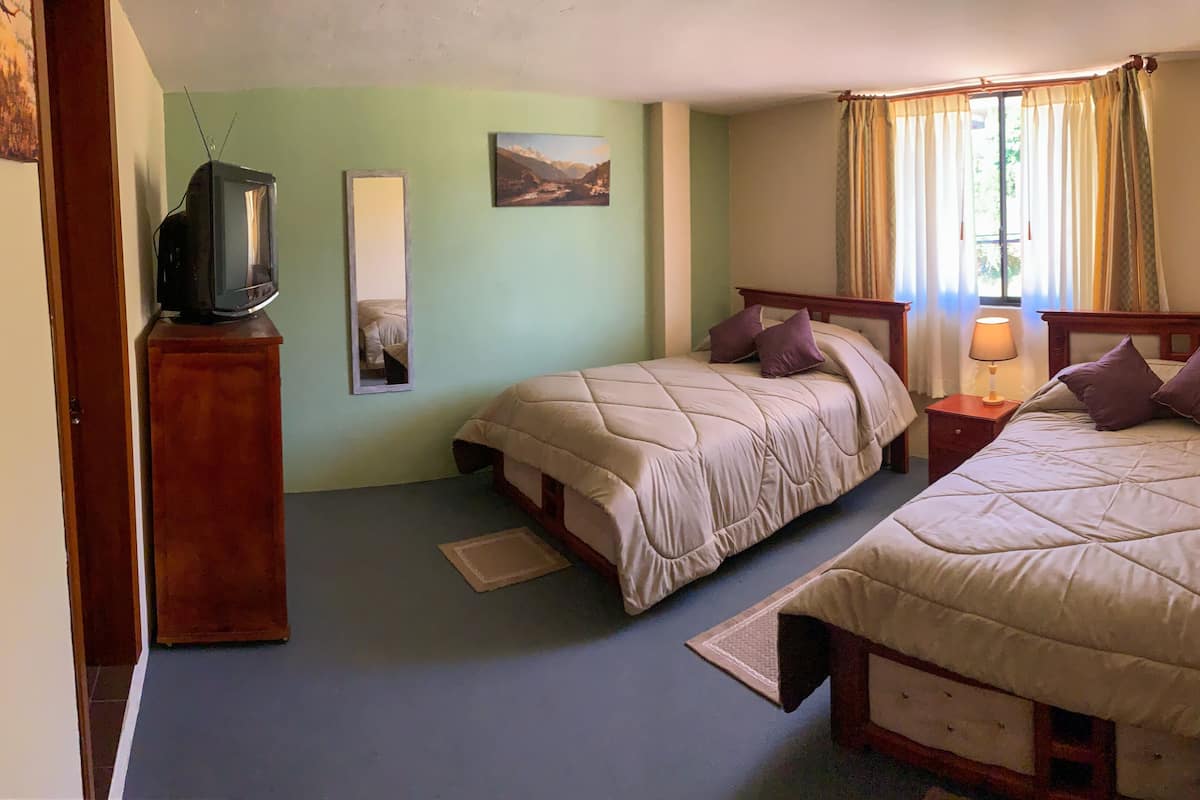 Un dormitorio con dos camas, televisión, un cuadro y una ventana con cortinas.