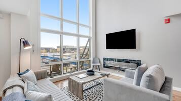 Télévision, cheminée, livres