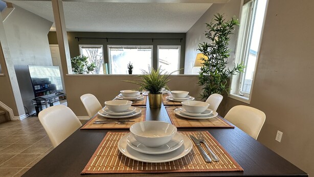 Une table à manger dressée avec des bols et des assiettes blancs, entourée de chaises, avec une plante au centre et une fenêtre en arrière-plan.