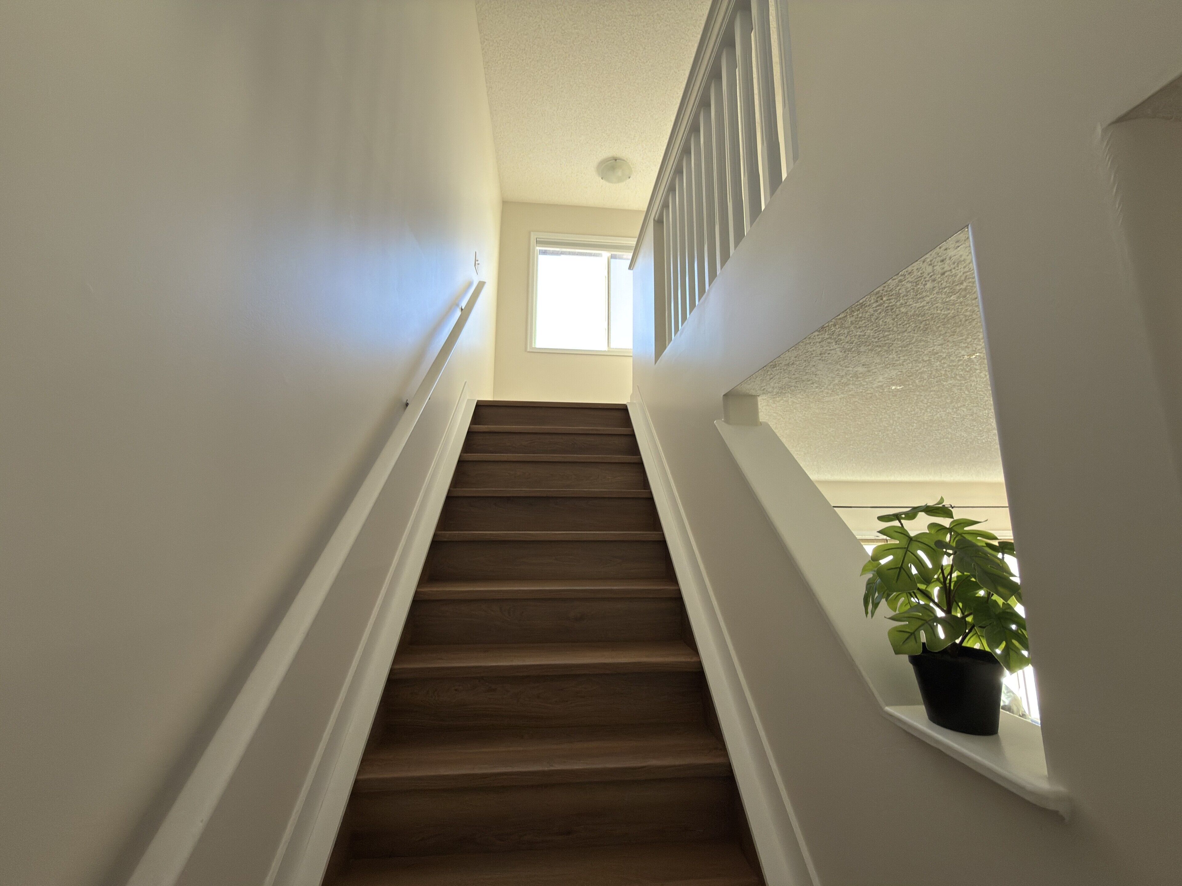 Una escalera de madera con paredes blancas que lleva a un rellano con una ventana.
