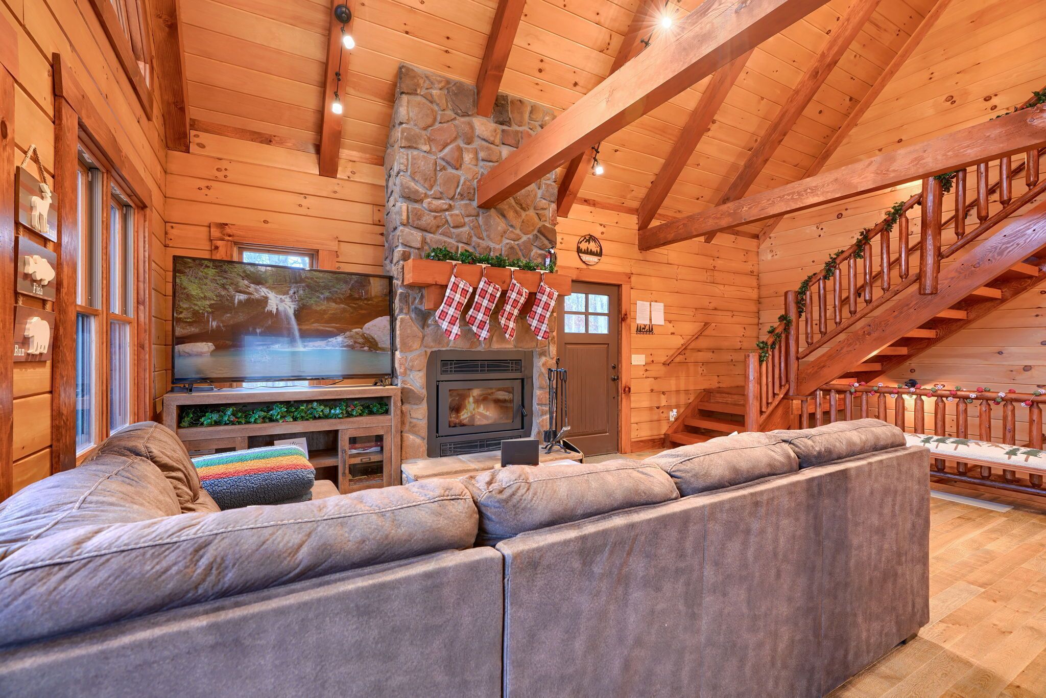 Smart TV, fireplace, DVD player, foosball