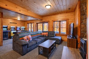 Smart TV, fireplace, DVD player, foosball