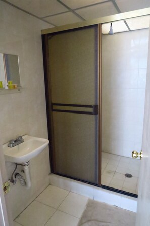 A bathroom with a shower, sink, and mirror.