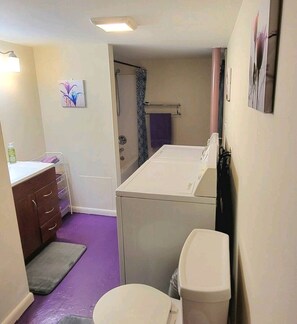 Hair dryer, towels, soap, shampoo