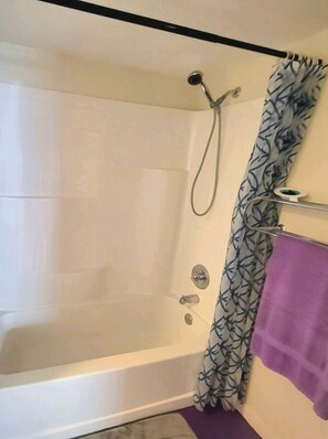 Hair dryer, towels, soap, shampoo