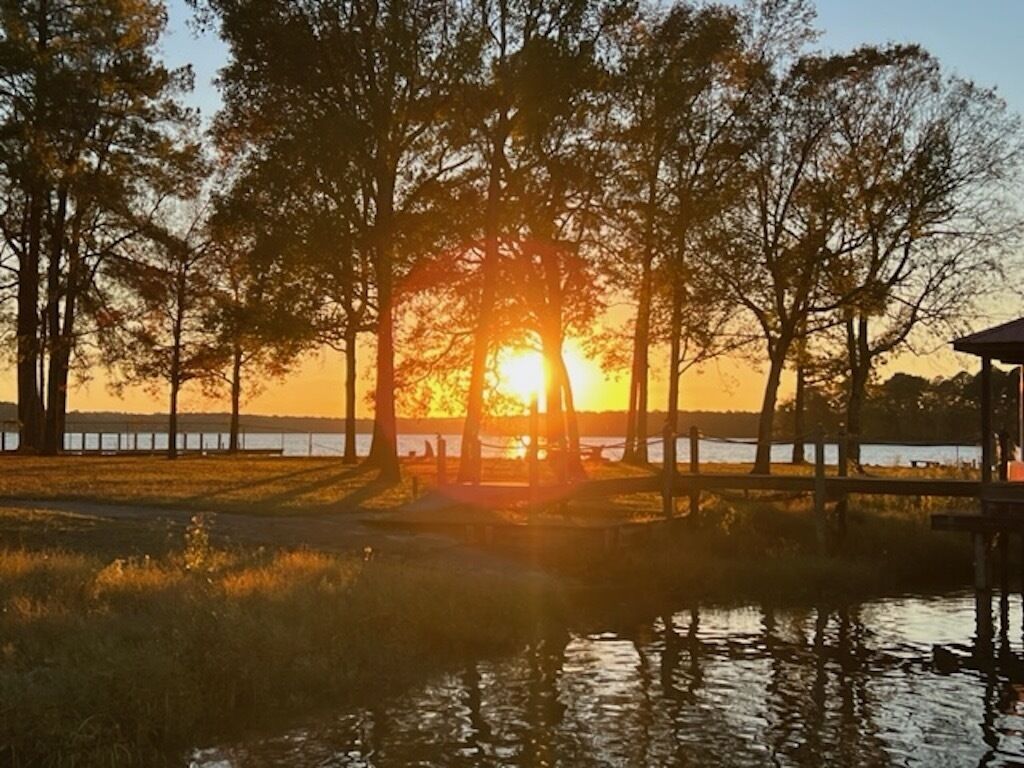 A sunset over a body of water with trees and a dock.