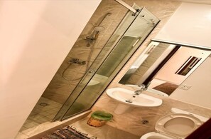 Regadera, secadora de cabello, papel de baño