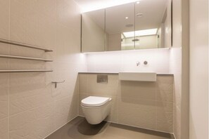 Hair dryer, towels, soap, toilet paper