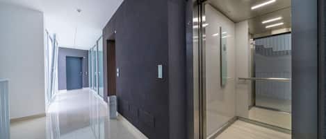 A modern hallway with glass doors, a clear floor, and a light-colored wall.