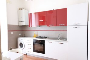 A compact kitchen with a washing machine, oven, and a gas stove.