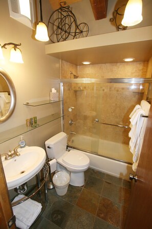 Hair dryer, towels, soap, shampoo