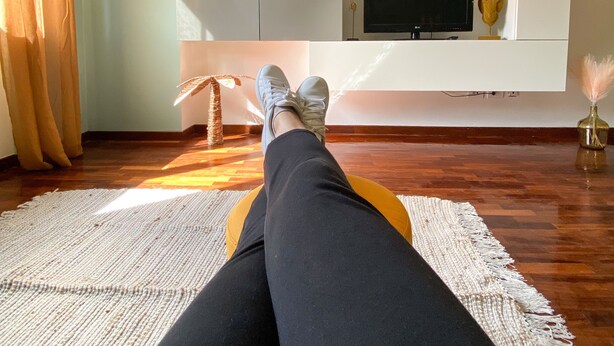 A living room with a sofa, a TV, and a plant on a shelf. - GIALLOMANGO Apt in Lucca (Lucca)