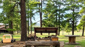 A circular fire pit surrounded by stone, with a bench and a table nearby, set in a wooded area. - Quiet Escape for Hunters & Family Retreats! (Alpine)