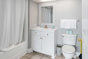 Combined shower/tub, hair dryer, towels, shampoo