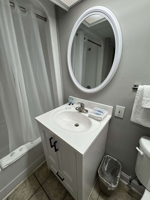 Combined shower/tub, hair dryer, towels, shampoo