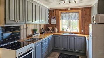 Een koelkast, een oven, een kookplaat, een vaatwasser