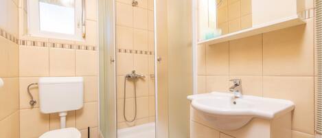 A bathroom with a toilet, a shower with a glass door, a sink, and a mirror.