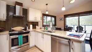 A modern kitchen with stainless steel appliances, a large island, and a view of the outdoors through a window.