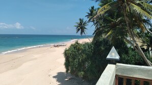 Una playa con palmeras, cielo despejado y mar tranquilo.