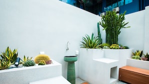 A modern indoor garden with various plants in planters, a green vase, and a wooden bench. - NAIVE L Executive Apartments Coast City (Shenzhen)