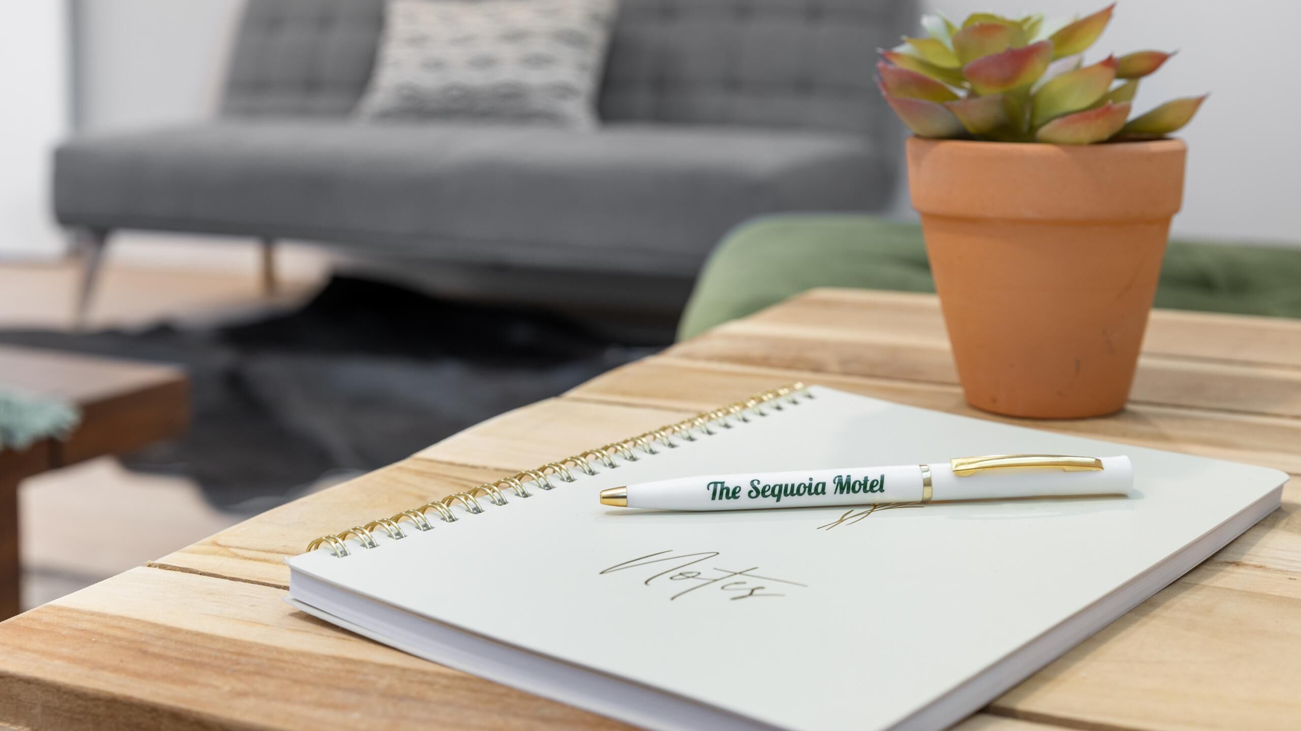 A spiral notebook with a pen on a wooden table, a potted plant, and a grey sofa in the background.