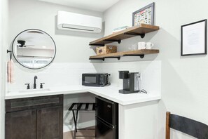 Fridge, microwave, coffee/tea maker