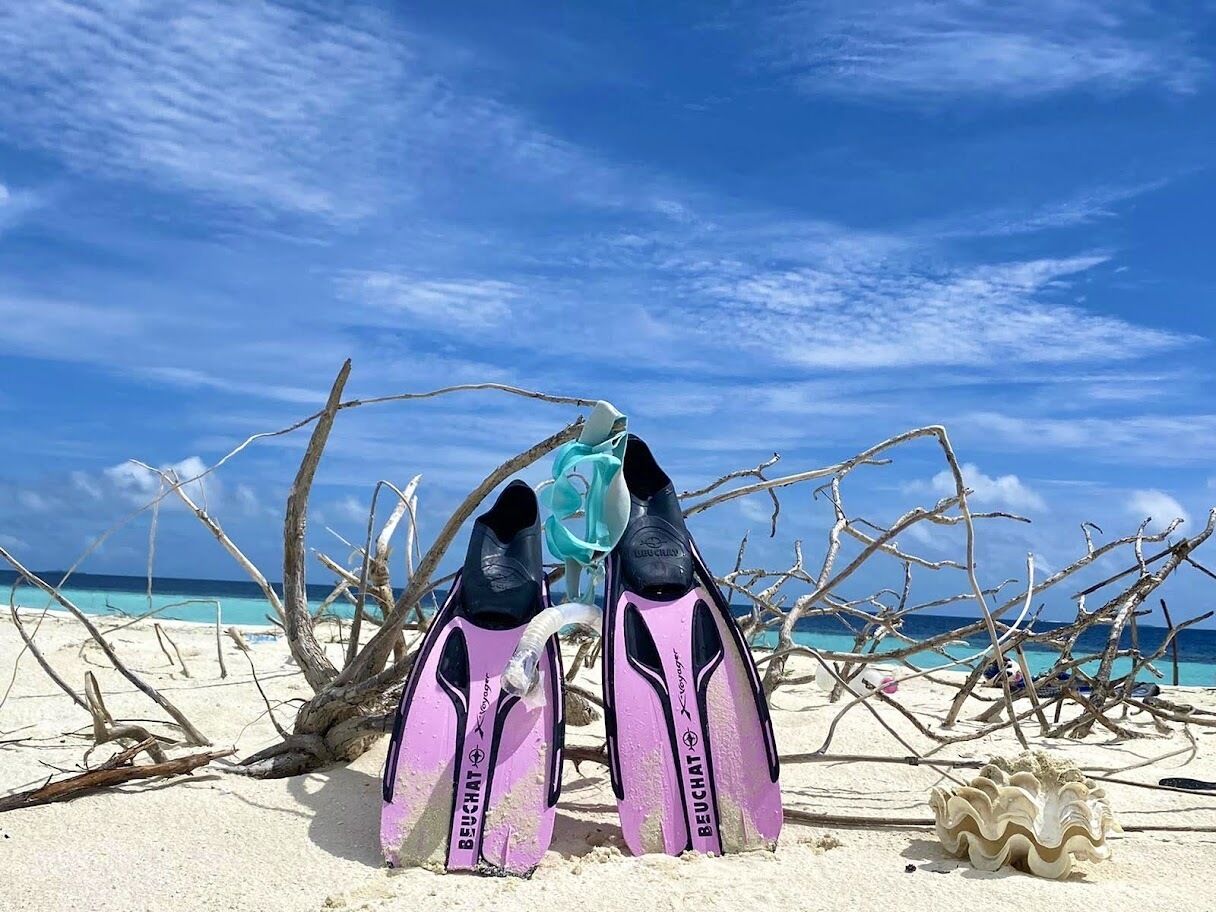Ein Paar pinkfarbene und schwarze Tauchflossen an einem sandigen Strand mit klarem, blauem Wasser und Himmel.