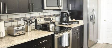 Fridge, microwave, oven, dishwasher