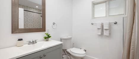 A modern bathroom with a white vanity, a toilet, and a shower area.