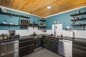 A modern kitchen with stainless steel appliances, wooden ceiling, and teal walls. - Mystic Mountain, *Pet Friendly*, Steam Sauna, 11 Miles to Govy Camp (Rhododendron)