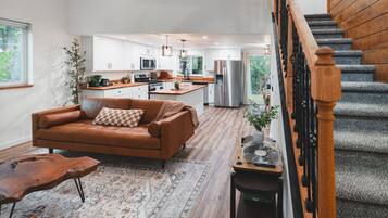 Smart TV, fireplace, books, music library