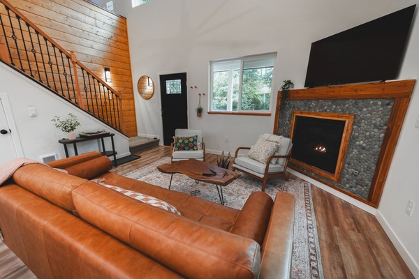 Smart TV, chimenea, libros y biblioteca musical