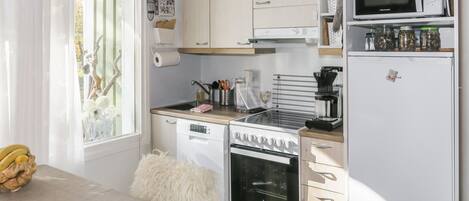 Fridge, microwave, dishwasher, cookware/dishes/utensils