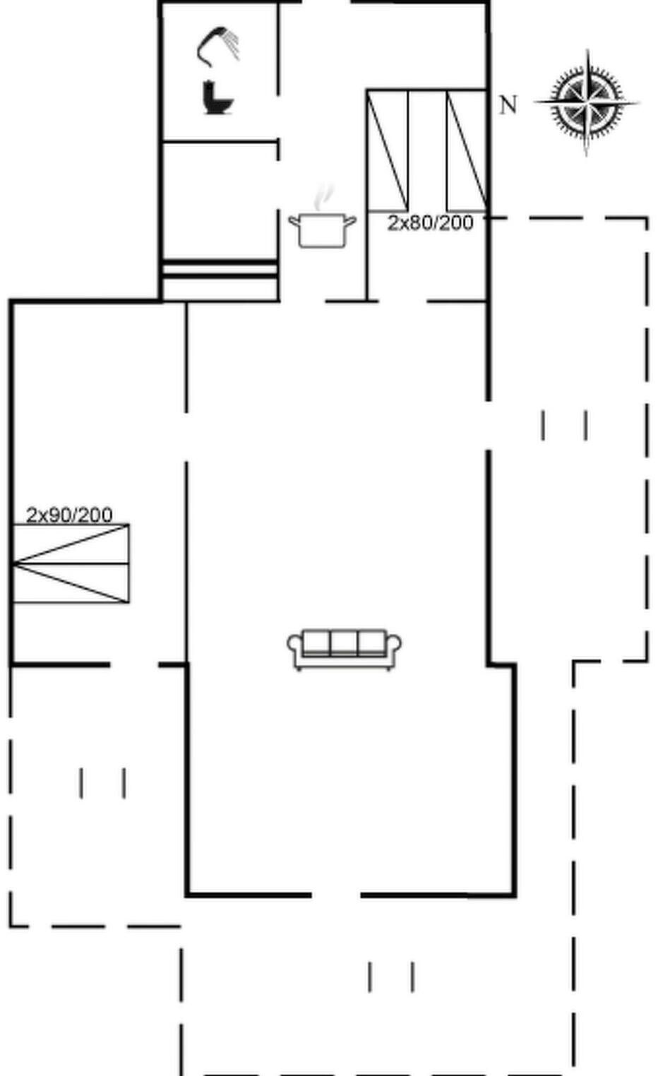 A floor plan with a kitchen, a dining area, and a living room.