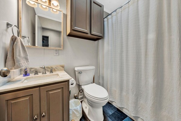 A bathroom with a sink, mirror, cabinet, toilet, and shower curtain. - Dock Days- Deep water and fantastic wide water views. Volley Ball and horseshoe competitions await. (Moneta)