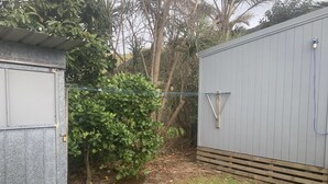 A fenced backyard with a shed and a bush.