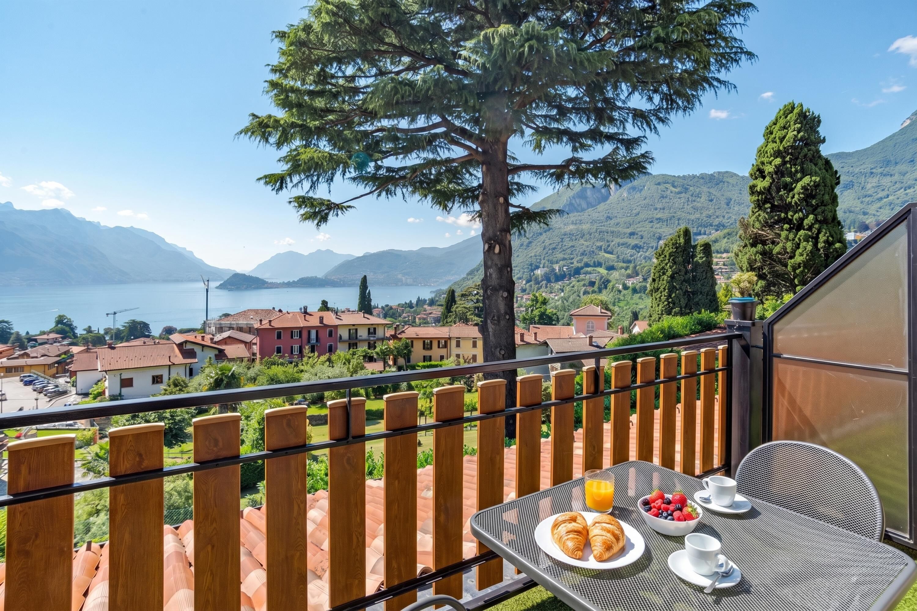 A balcony with a table set for breakfast, overlooking a lake and a mountainous landscape.