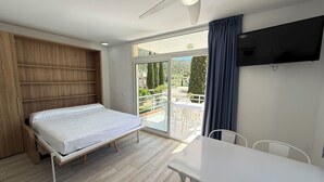 Et soveværelse med en seng, loftventilator, fjernsyn, balkon med bord og stole samt et træskab.