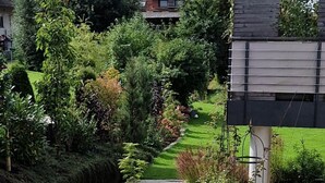 A landscaped garden with a paved walkway, various plants, and a building with a modern design. - Place2be - Your feel-good apartment, Ankommen und wohlfühlen! (Calden)
