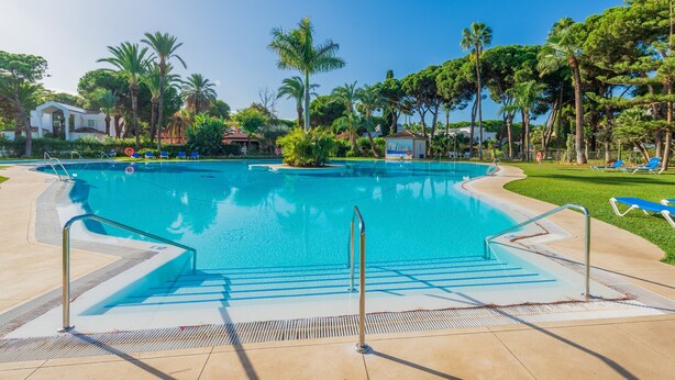Una piscina con agua cristalina azul, rodeada de palmeras y un pequeño edificio.