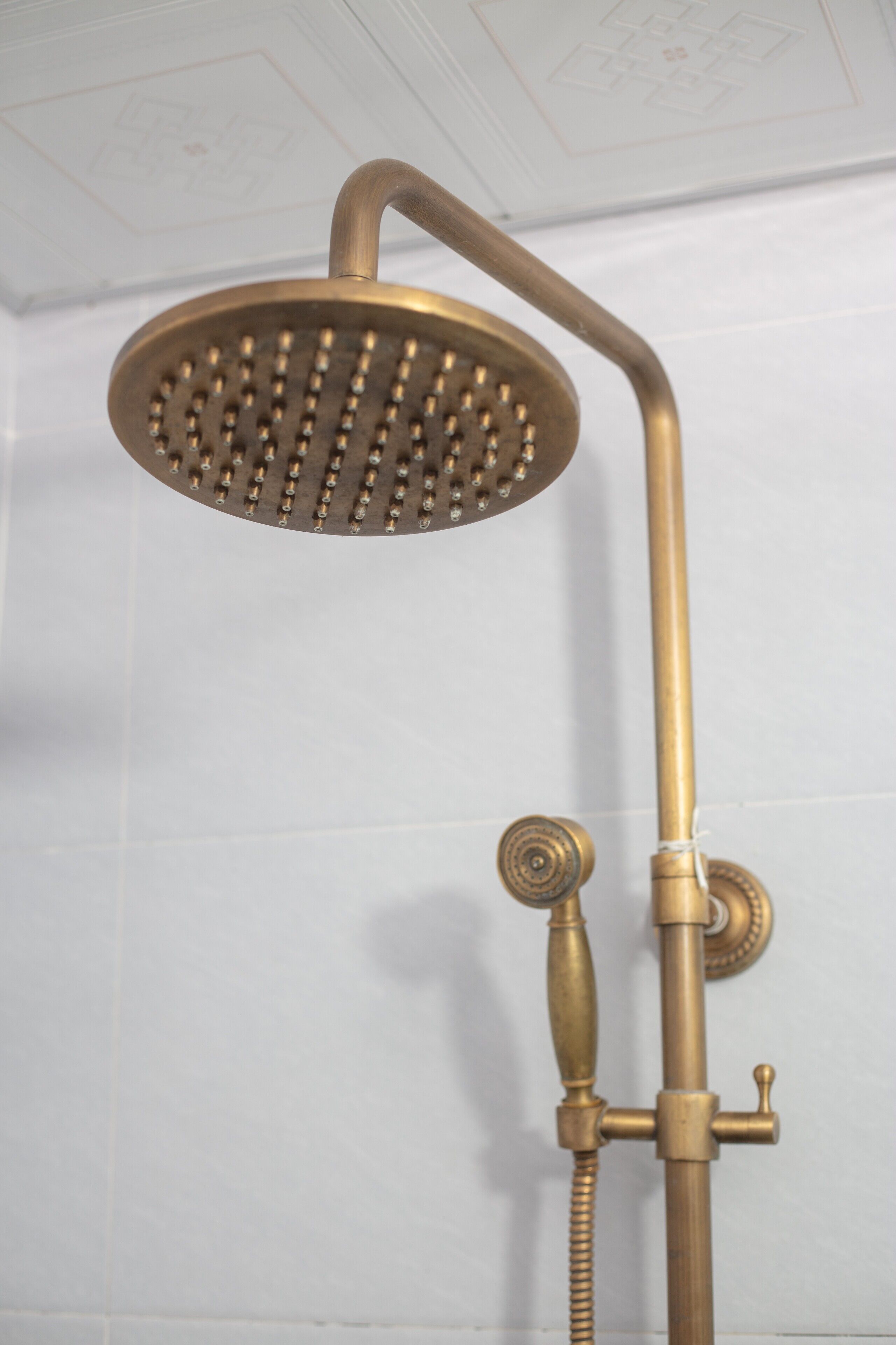 A brass showerhead with a curved handle and a hose attached to it.