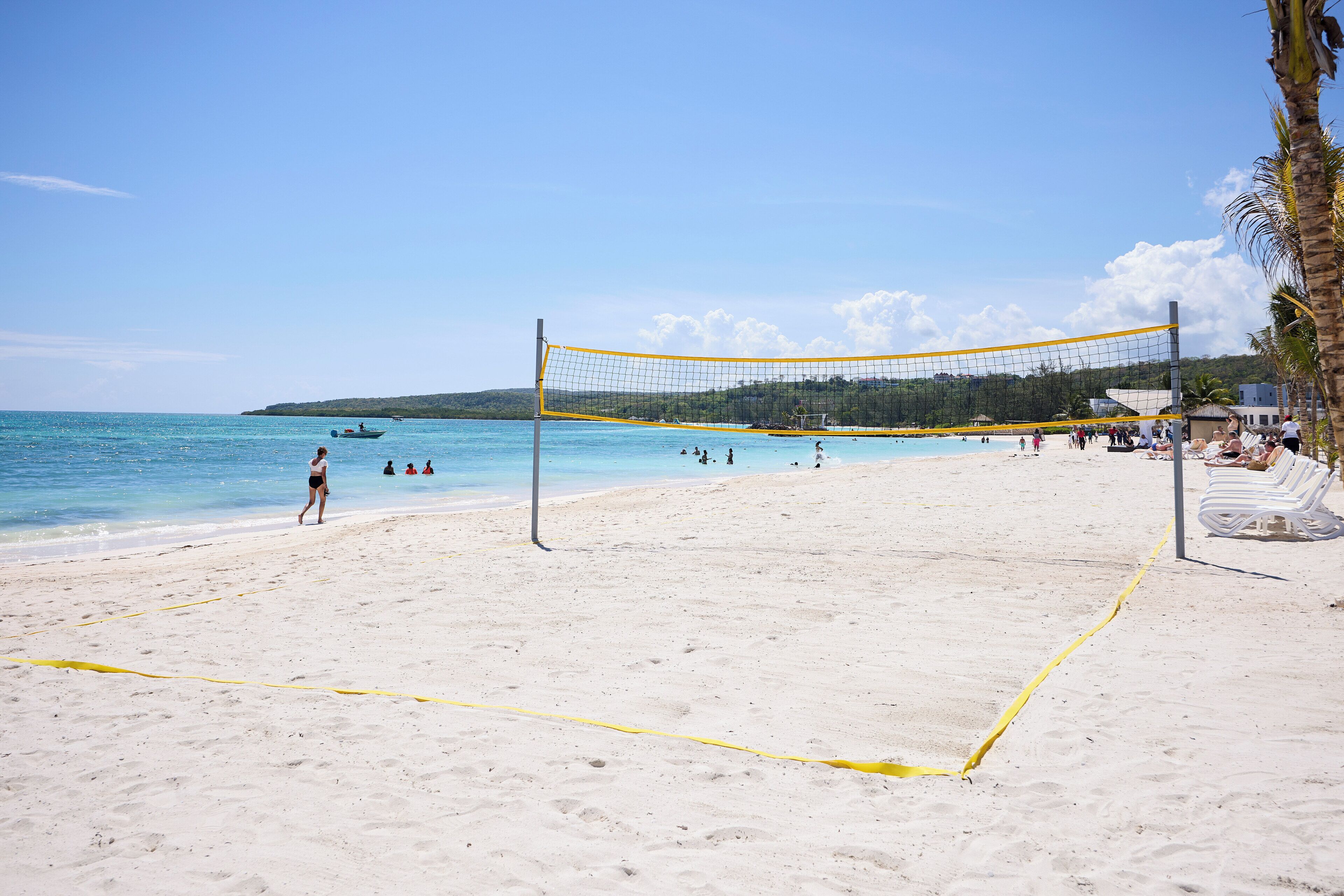 A beach volleyball court with a net, palm trees, and a clear blue sky.