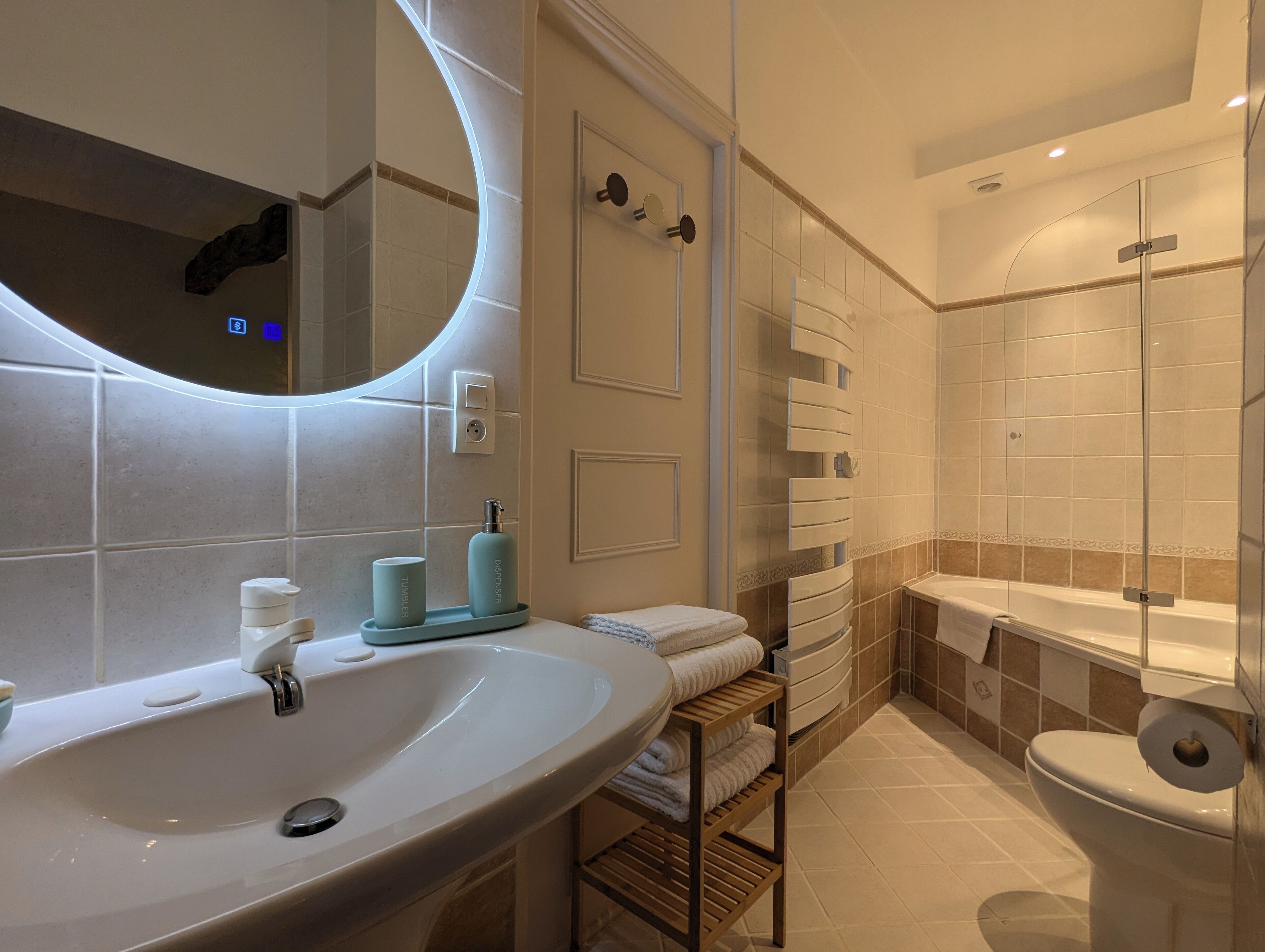 Hair dryer, towels, soap, shampoo