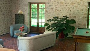Una habitación con pared de piedra, puerta de madera, un sillón azul, un sofá blanco, una planta verde grande y una mesa de billar.