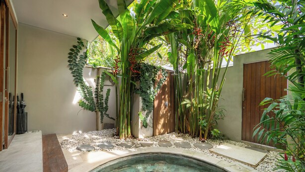 Une piscine entourée de plantes tropicales et délimitée par une clôture en bois.