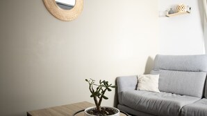 En stue med en grå sofa, et lille bord med en potteplante og et vævet vægophæng.