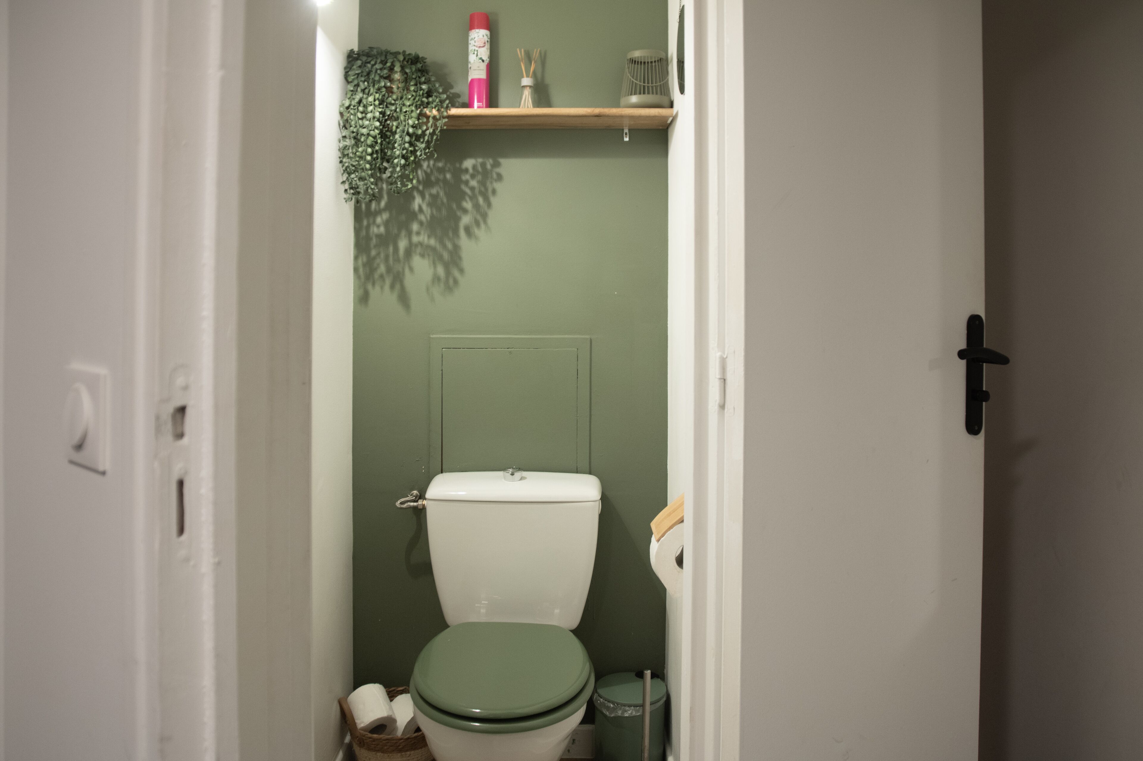 Et lille badeværelse med toilet, en grøn plante på en hylde og en skraldespand.